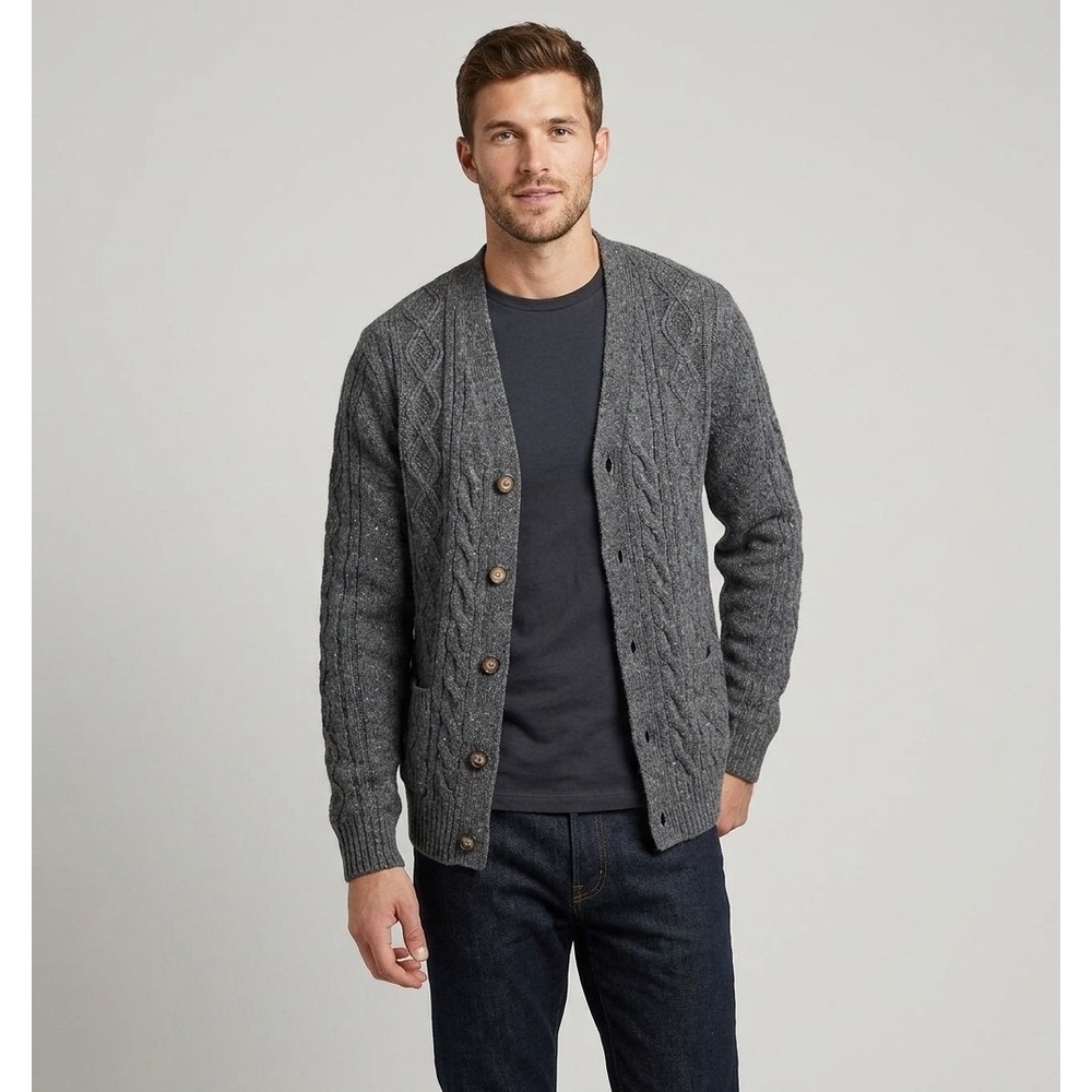 GANT Men's Gray Cable Knit Button-Up Cardigan Sweater 100% wool grandpa L